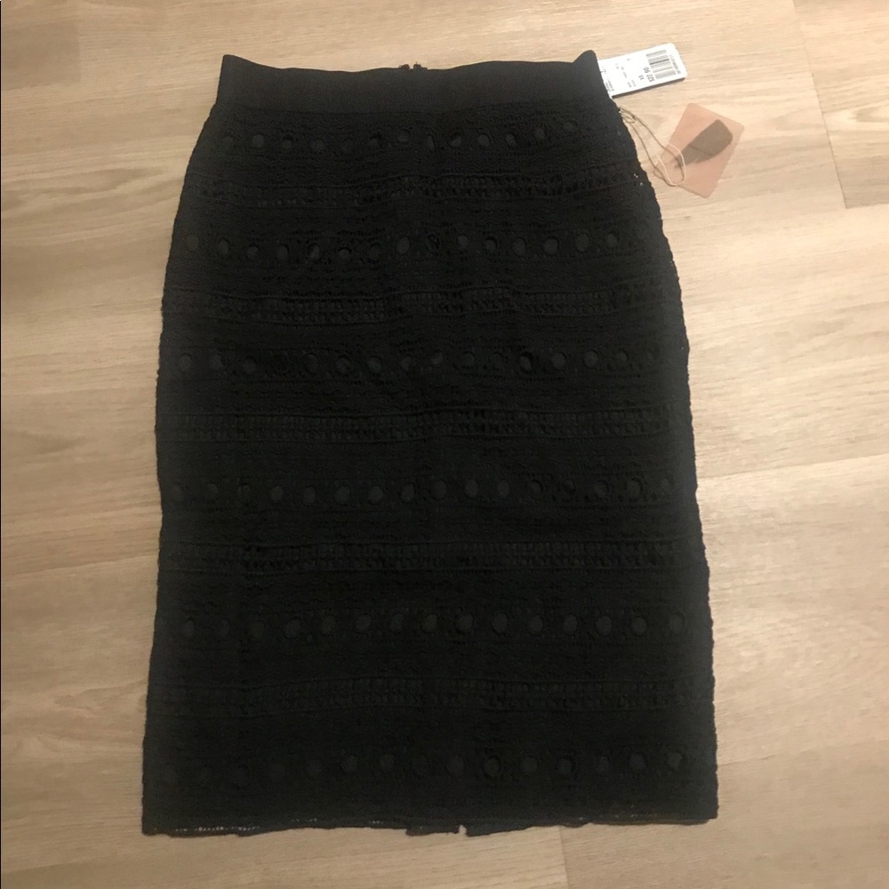 NWT black midi pencil skirt w. crochet eyelet lace